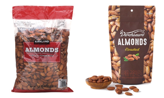 杏仁的兩種包裝比較圖，一個是Kirkland的透明袋裝，另一個是印有非凡設計的Denohaeum包裝，展示品牌專注於視覺識別的重要性。