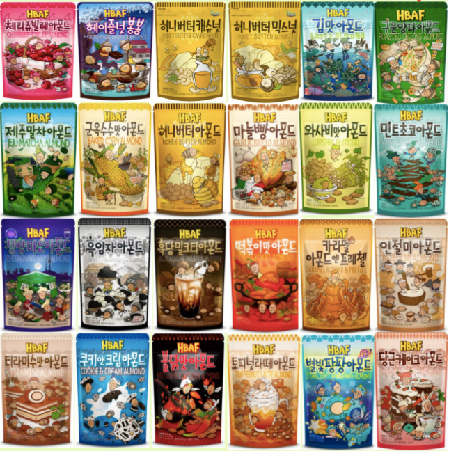 HBAF 堅果產品系列展示，展示多種類型的堅果產品包裝，各種顏色與口味的包裝袋整齊排列，顯示出該品牌的多樣化及創意設計。
