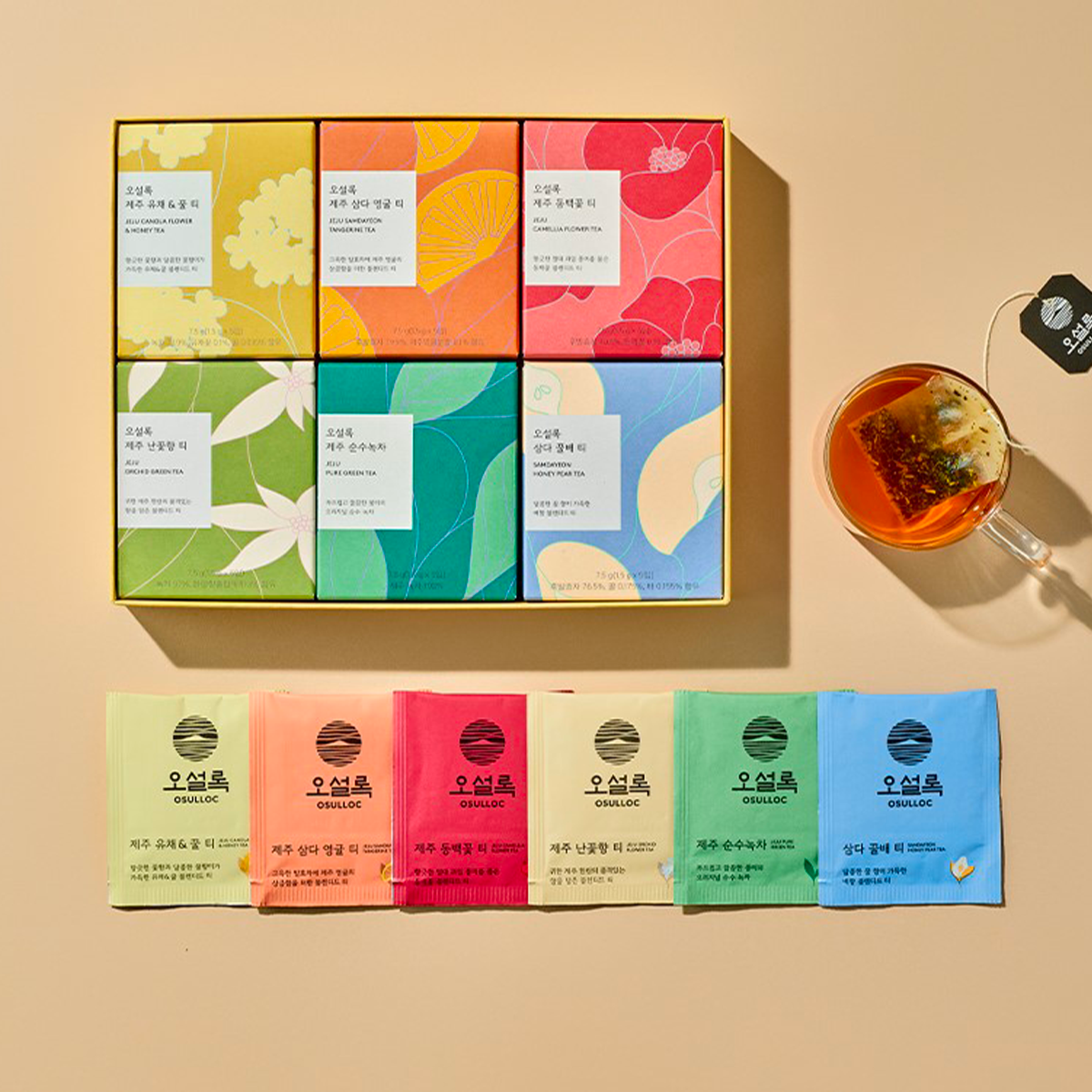 O'sulloc感謝茶禮盒，展示不同茶味的禮品盒設計。