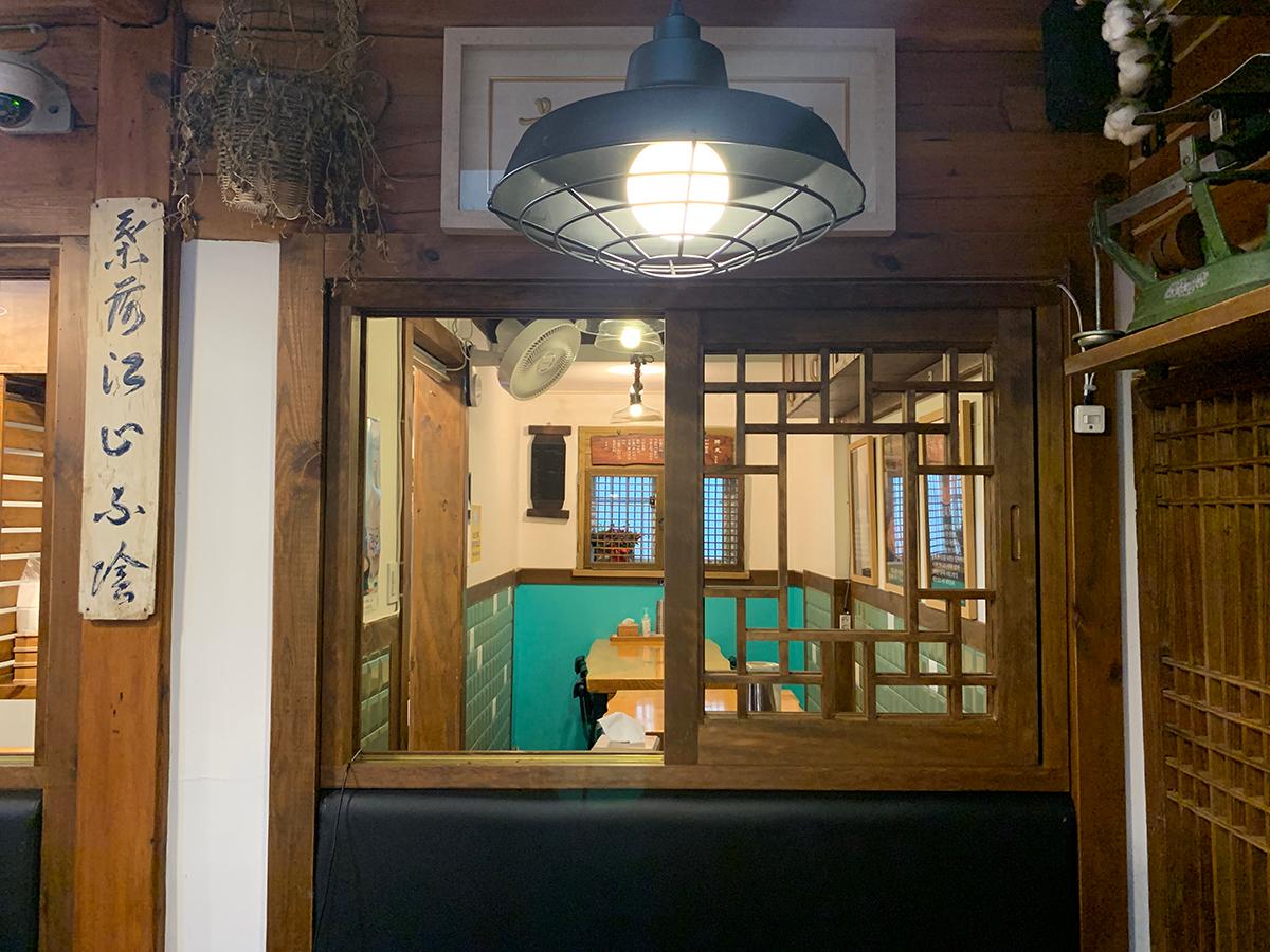 A view of the wooden interior of the restaurant.