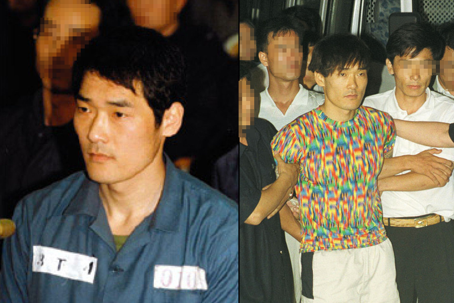 两张照片拼接，左侧是一名穿监狱服的人，右侧是穿着彩衣被护送的角色。