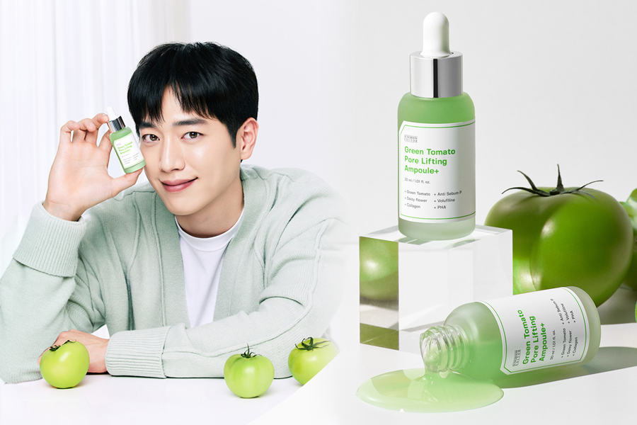Sungboon Editor 綠番茄精華的展示，突出其縮毛孔與美白功能