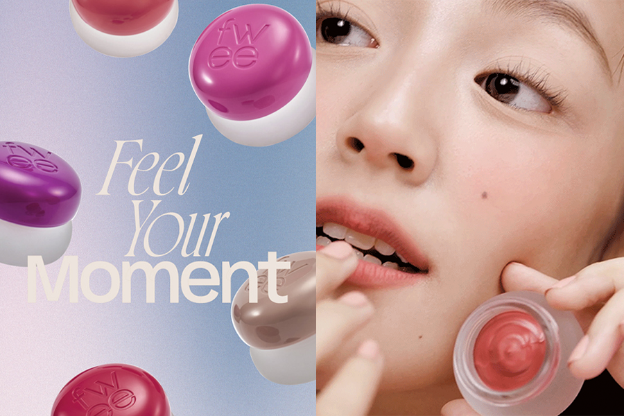 Fwee Pudding 唇頰兩用膏，展示其多種顏色和柔和妝容效果