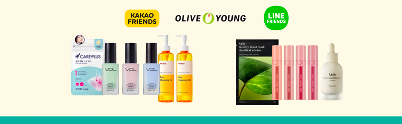 各类品牌产品展示，包括Kakao Friends、Olive Young及Line Friends的健康和美妆产品