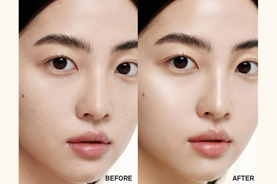 Naming 持久輕透柔光氣墊，展示使用前後的對比效果