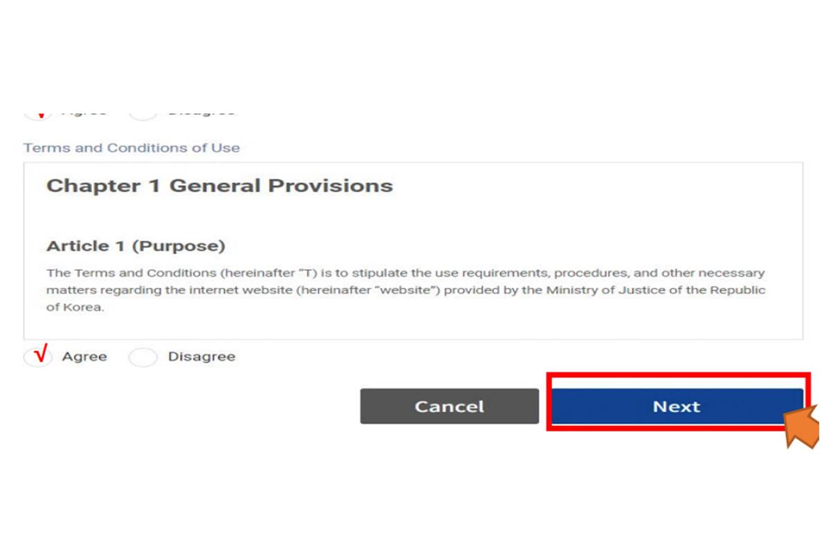 ข้อตกลงทั่วไปของ K-ETA บนหน้าเว็บไซต์พร้อมปุ่มกด Next เพื่อดำเนินการต่อ