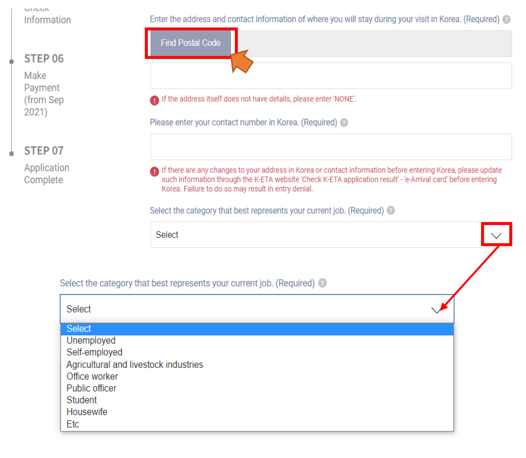 เพิ่มที่อยู่และข้อมูลติดต่อในประเทศเกาหลีเมื่อทำการลงทะเบียน K-ETA และตัวเลือกประเภทวิชาชีพปัจจุบัน