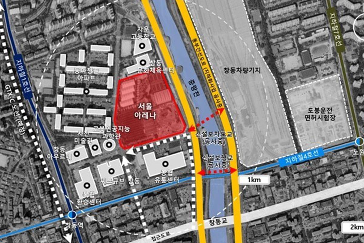 แผนที่แสดงที่ตั้งของโซลอารีน่า คอนเสิร์ตฮอลล์ K-POP ที่ตั้งอยู่ในย่านโดบงกู กรุงโซล ประเทศเกาหลีใต้ โครงการกำลังอยู่ในระหว่างการก่อสร้าง