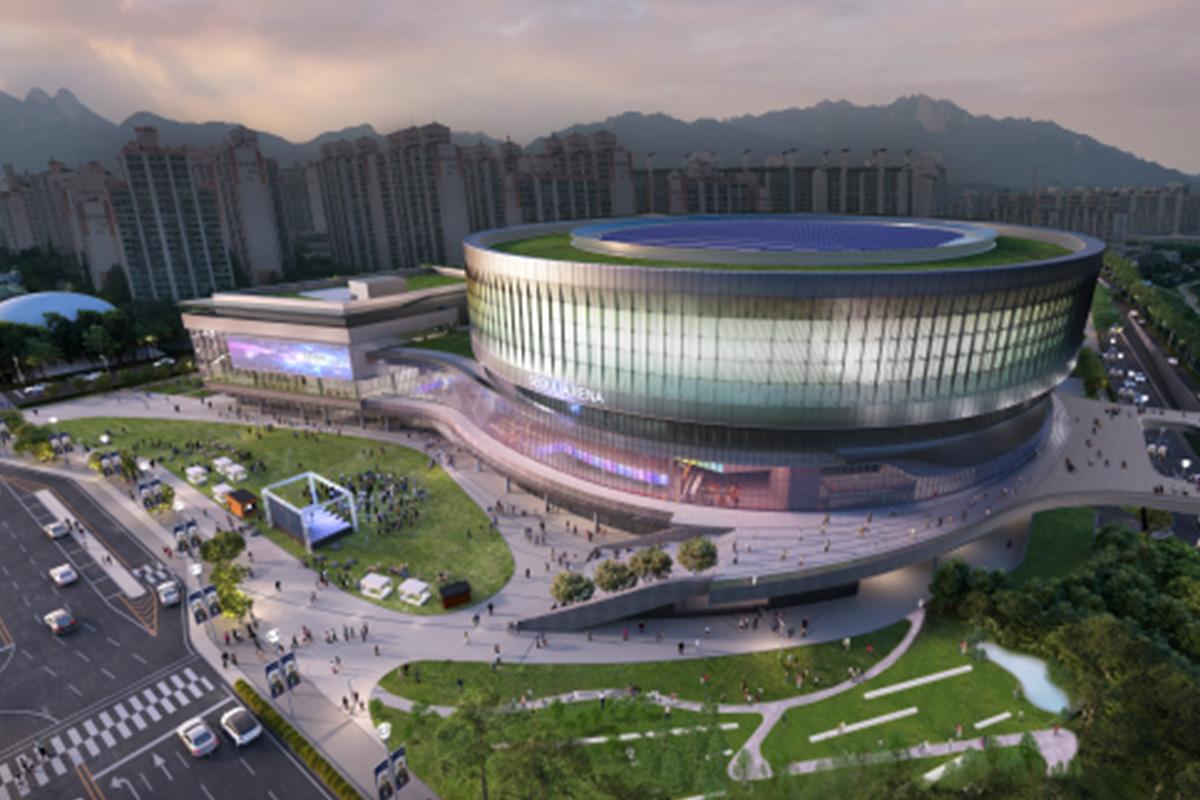 ภาพจำลอง 3D ของโซลอารีน่า คอนเสิร์ตฮอลล์ K-POP แห่งแรกในเกาหลีใต้ ตั้งอยู่ในกรุงโซล กำลังจะแล้วเสร็จในปี 2025 บรรจุได้ถึง 28,000 คน โปรเจ็กต์ร่วมระหว่าง Kakao และรัฐบาลกรุงโซล