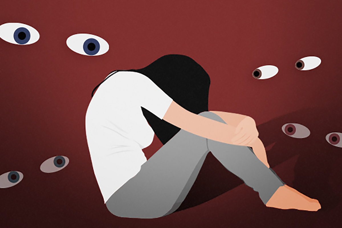 A sad character hiding their face from the view of peering eyes around them.