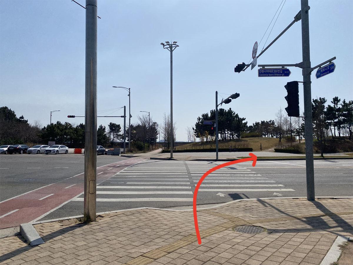 Trottoir bordé d'arbres à Incheon avec arrêt et croisement indiqués par des flèches rouges.