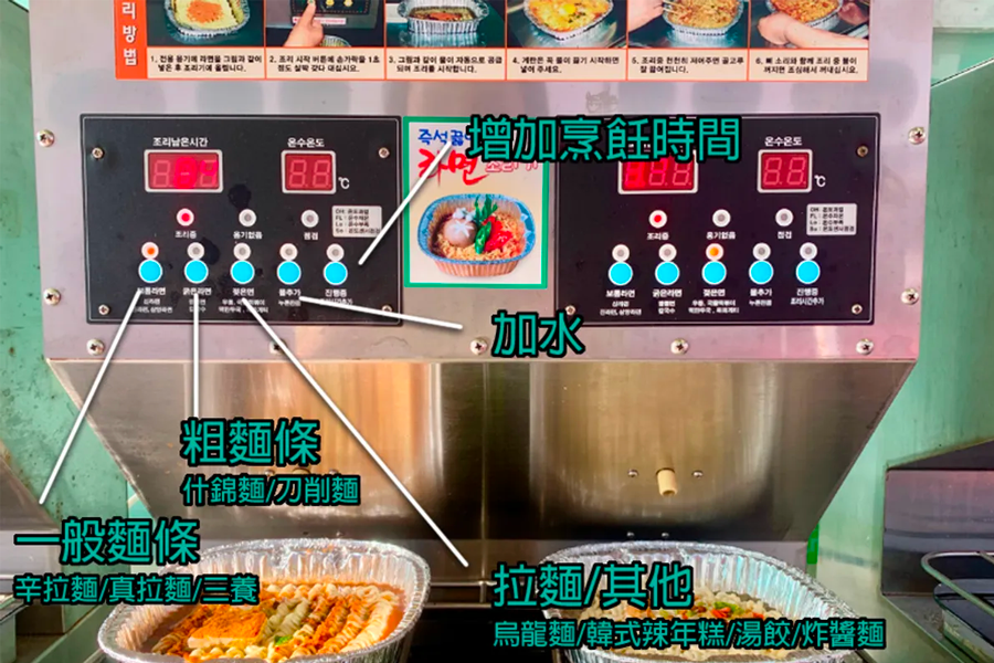 Ramen cooking machine control panel displaying cooking options and instructions for preparing different types of noodles.