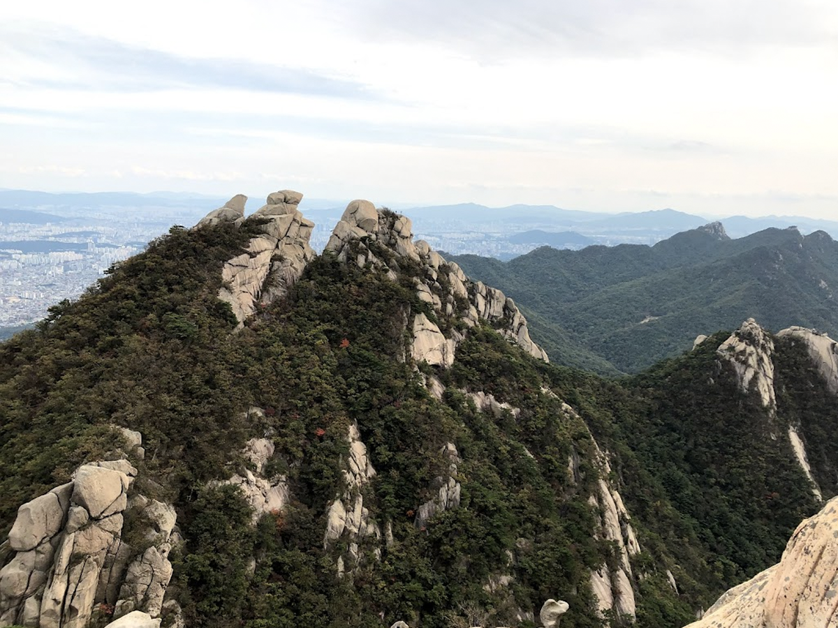 远眺道峰山顶的壮丽岩石群，绿意葱茏的树木夹杂其中，背景是广阔的首尔市区景观。适合SEO优化的韩国自然风光描述。