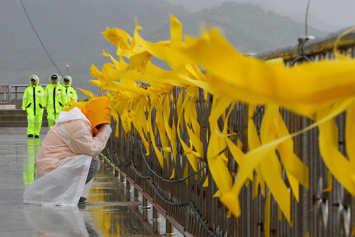 ริบบิ้นสีเหลืองแสดงความอาลัยที่รั้วในเหตุการณ์โศกนาฏกรรมเรือเซวอลที่เกาหลีใต้