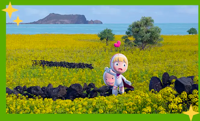 韩国3D动画角色在济州岛黄花田野中的景观,背景为海景与岛屿。