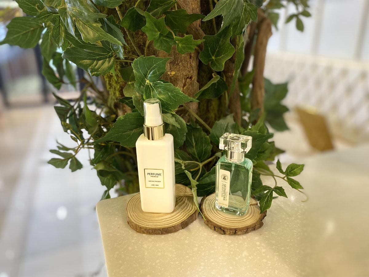 擺放在裝飾植物旁的香水與香氛噴霧瓶，展現高級質感
