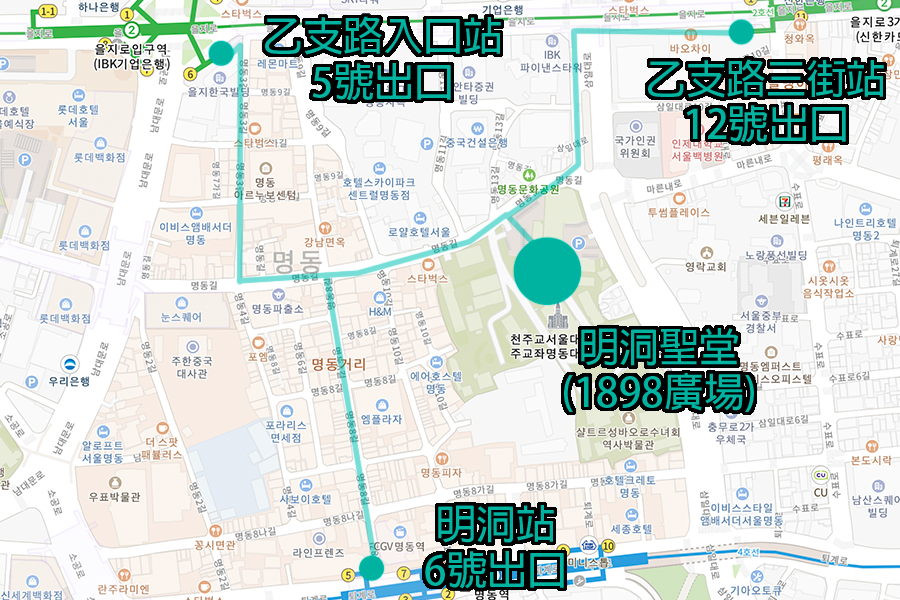 Карта, показывающая дорогу к Мёндонскому собору от станций метро Сеула.
