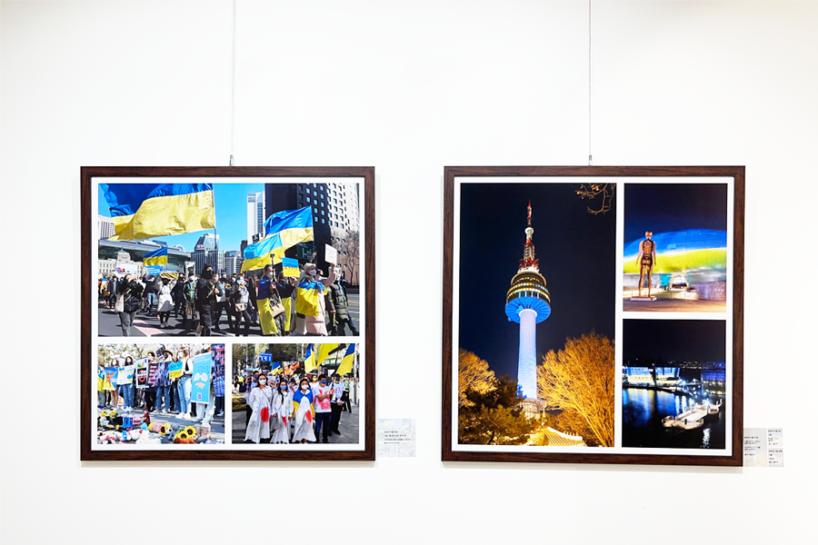 Коллаж из фотографий с изображением флешмоба в поддержку Украины и башни Namsan в синее-желтой подсветке.