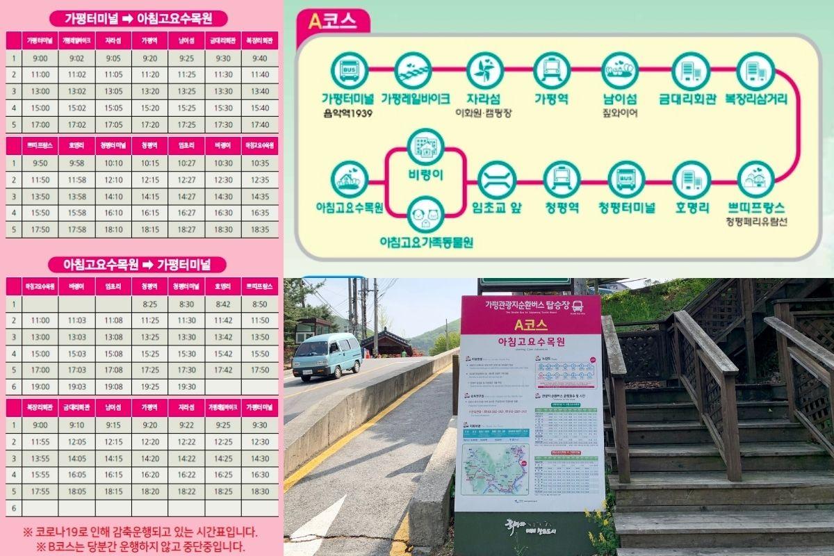 Colorful schedule map and signpost for Gapyeong City Tour Bus at the Garden of Morning Calm entrance - illustrating convenient transport options for tourists.