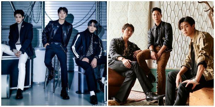 THE IDOL BANDオーディション日本韓国プロジェクト、3人の男性登場。ステージ衣装を着用し、工場のバックドロップ前に座っている。