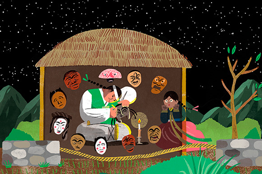 展示面具制作过程中的插画，融入了韩国河回面具的历史故事，增添了文化趣味。