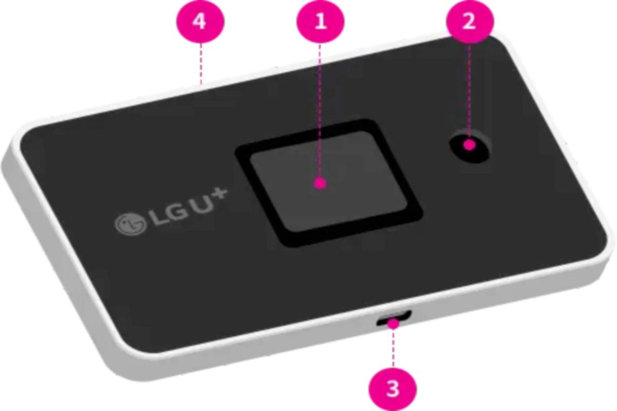 LG U+ ポケットWiFiの操作マニュアル：1. LCD画面でWiFi名とパスワードを表示します。2. 電源ボタンを長押しして機器をオンにします。3. マイクロUSBポートでバッテリーを充電します。4. 設定メニューボタンでシステム設定を変更します。