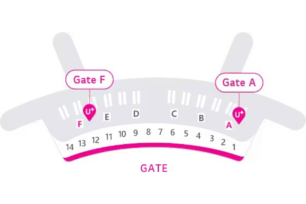 20여 개의 게이트가 있는 인천 공항의 T1 터미널 지도.