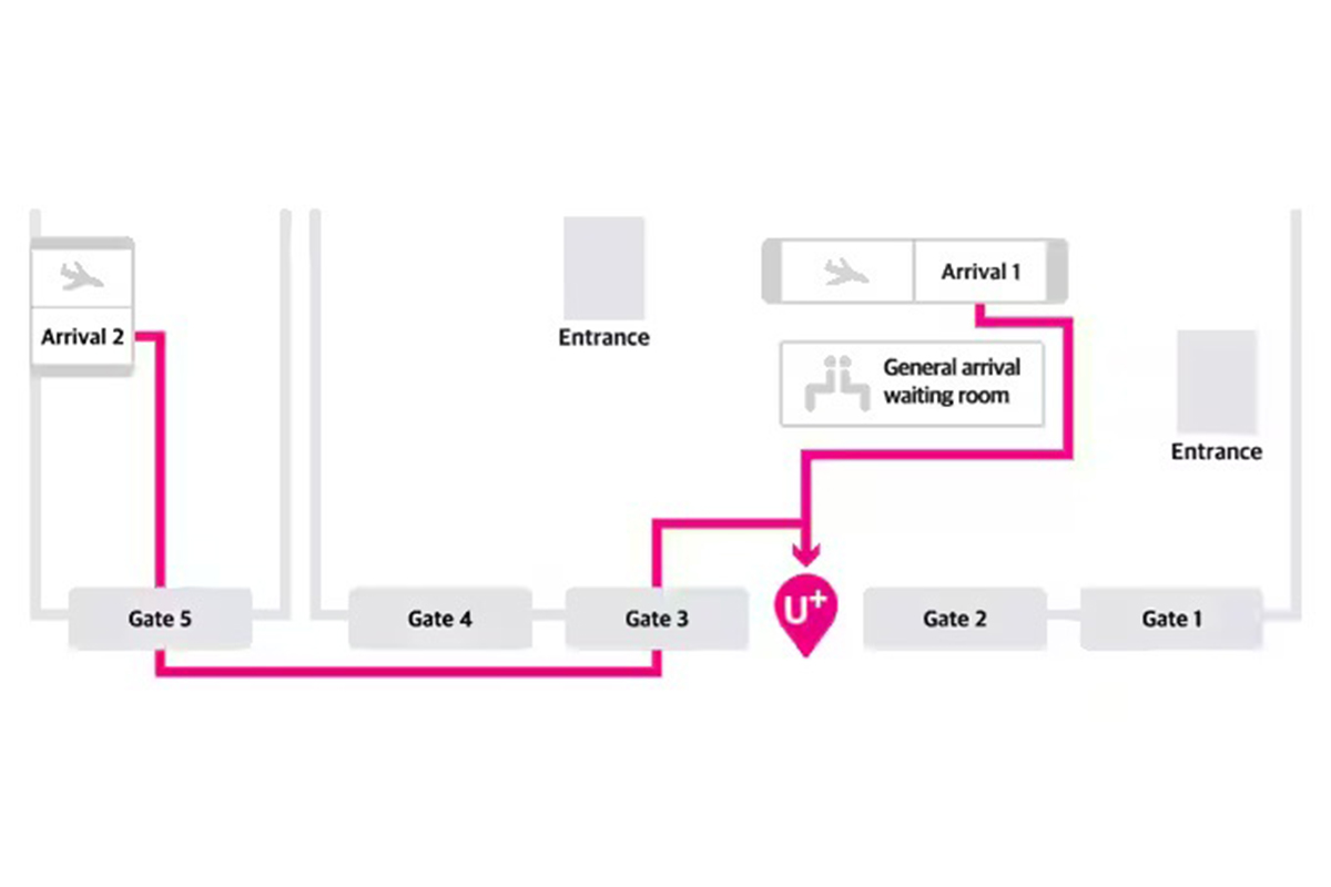명쾌하게 표시된 금해 공항의 LG U+ SIM 및 WiFi Egg 수령 위치.