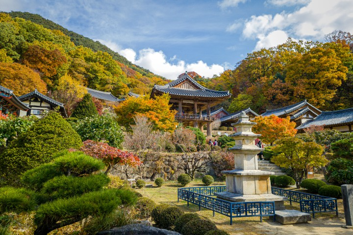 Photo d'un groupe posant devant le temple Buseoksa, un lieu de patrimoine culturel avec une architecture coréenne majestueuse.