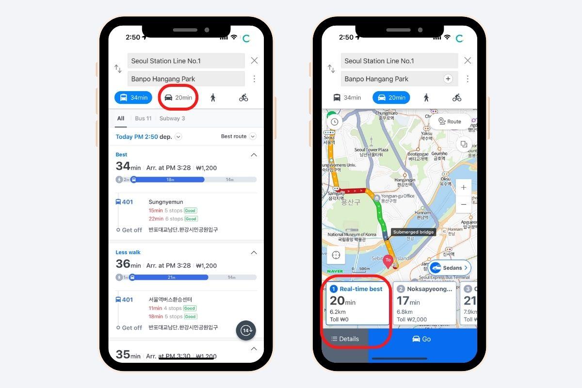 Ước tính giá taxi bằng Naver Map