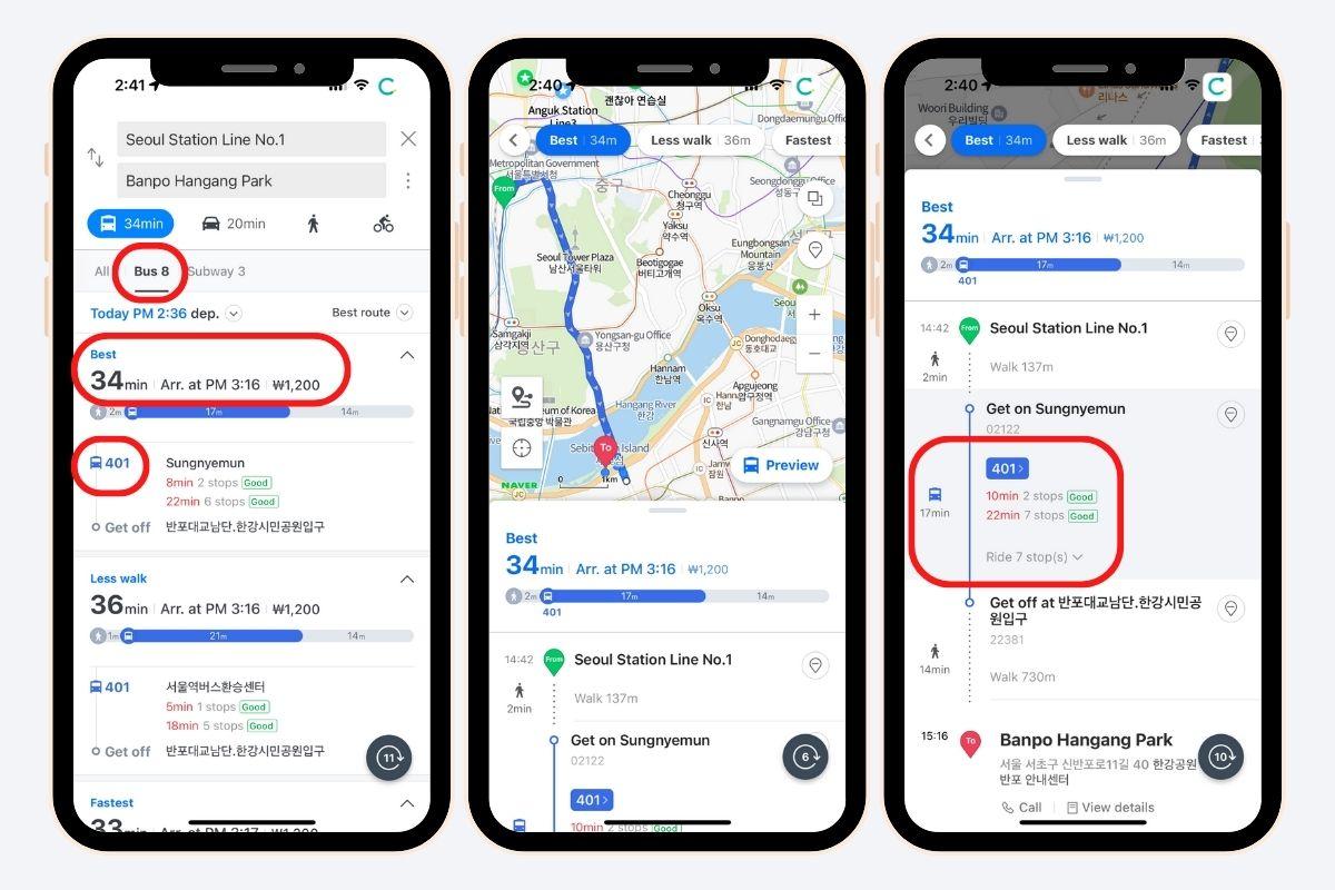 Hướng dẫn đi xe buýt bằng Naver Map