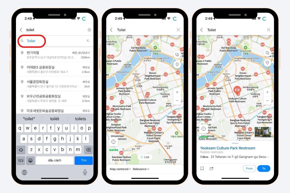 Tìm nhà vệ sinh bằng Naver Map