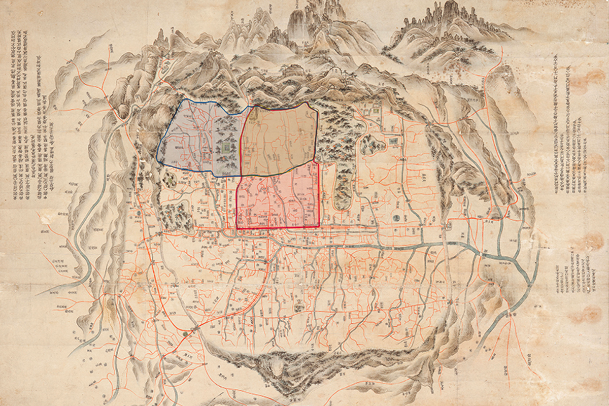 歷史地圖展示朝鮮時代的漢城，展示城市的地理規劃和區域分佈。