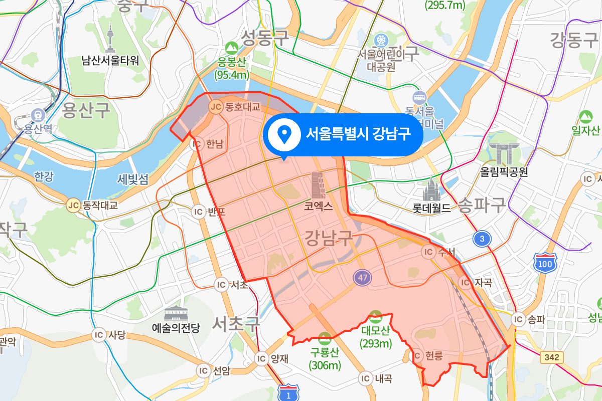 韓國首爾江南區的現代地圖，展示城市的地理和交通線路。
