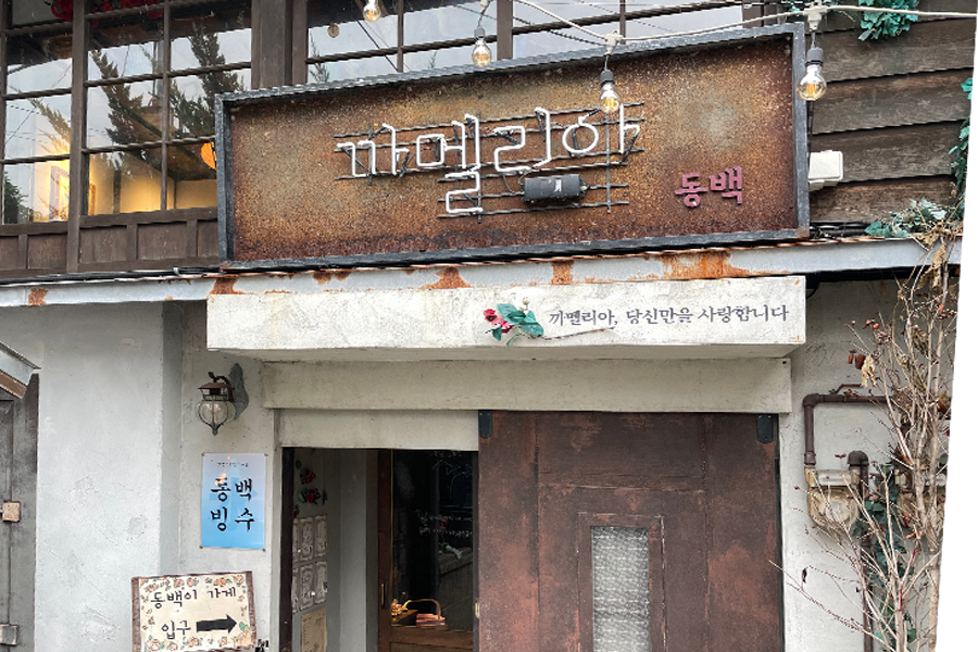 九龍浦的咖啡廳山茶花，是韓劇《山茶花開時》的拍攝地，提供飲品和紀念品。