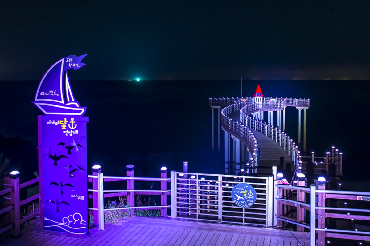 夜間的二加里錨展望臺燈光點亮，勾勒海上輪廓。