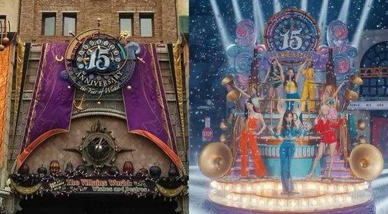 日本のテーマパーク「ディズニーシー」の15週年ロゴと少女時代のミュージックビデオセットデザインが比較されている画像。左側にあるテーマパークの15週年記念装飾と、右側にいるカラフルな衣装を着た少女たちが立っているステージ。」