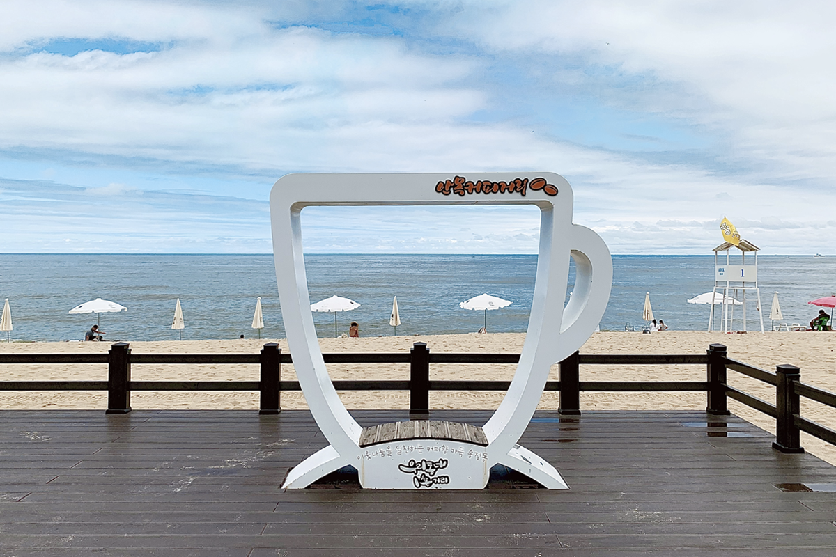 Frame of a coffee cup with a stunning beach at Anmok Beach, Gangneung, perfect for photo opportunities with ocean views.