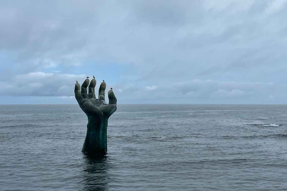 바다 위에 우뚝 솟아 있는 '상생의 손' 조각상 근접 사진, 손가락 위에 앉아 있는 갈매기가 보입니다
