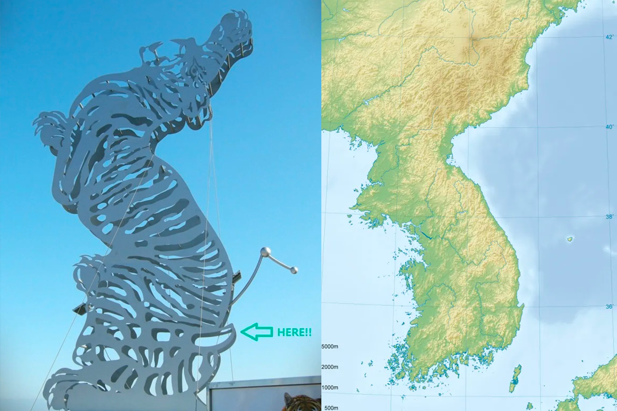 한반도 항공 지도와 포항의 '호미곶' 기념물, 지도상에서 갈매기 조형물이 위치를 가리키고 있습니다