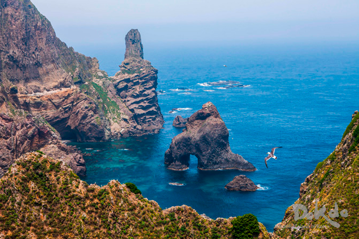 獨島及其周圍海域的風景，展示了這個島嶼的自然美景和豐富的海洋生態。