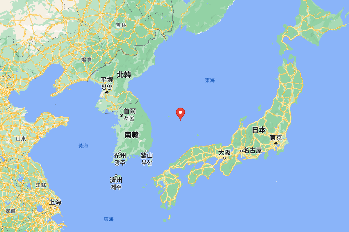 獨島在東海的位置地圖，顯示它位於南韓和日本之間的重要位置。