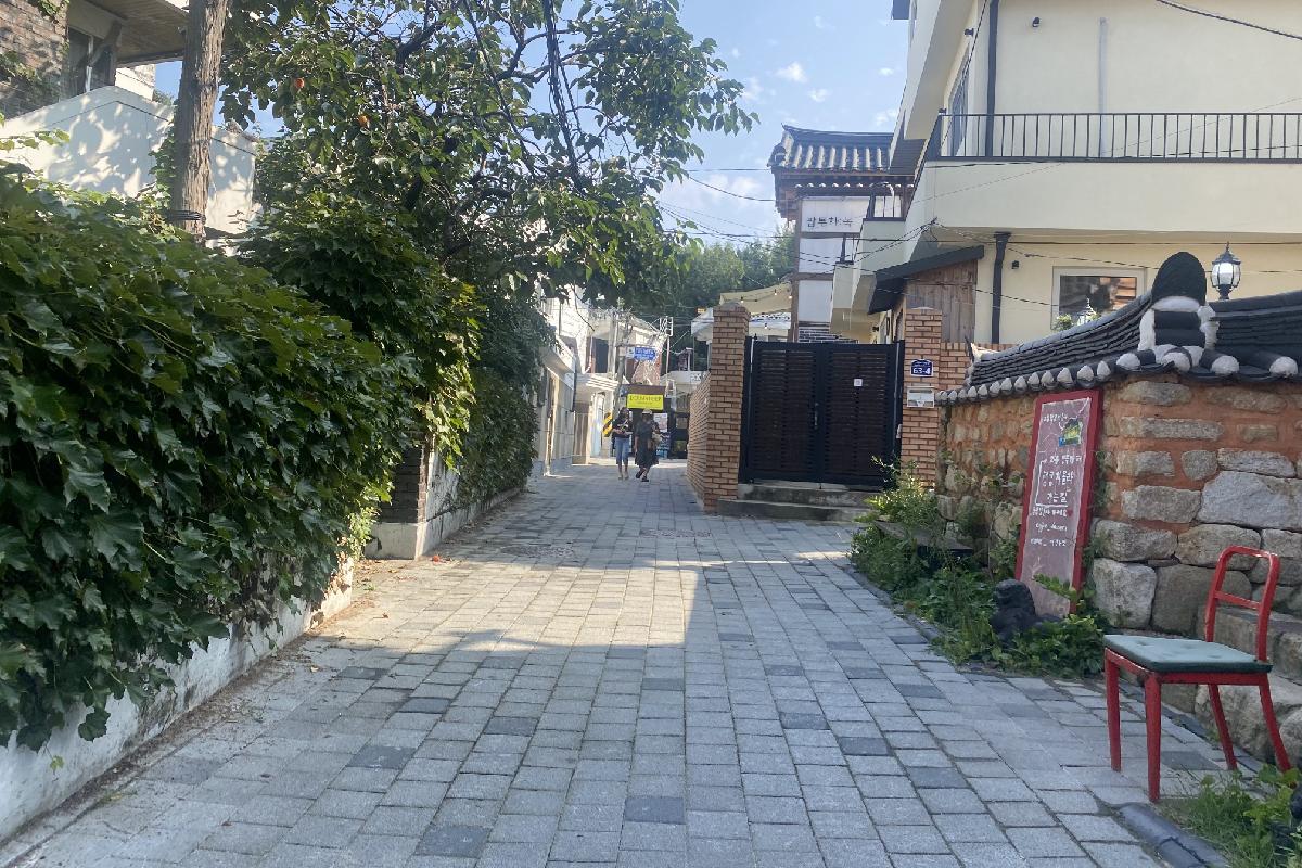 Petite rue charmante bordée de maisons traditionnelles et de végétation luxuriante, typique des prestations de dramas coréens modernes populaires.