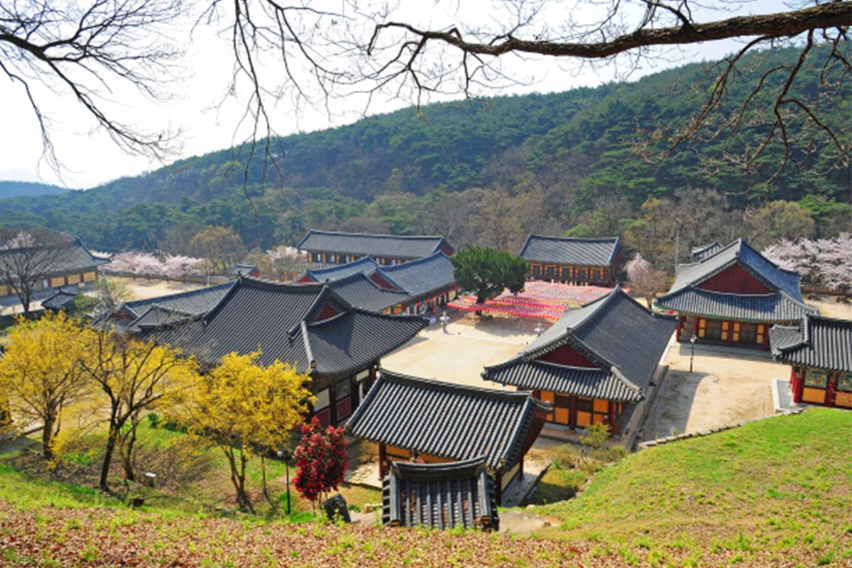 银海寺，展示寺庙建筑和背景山林，是韩国佛教文化的代表。