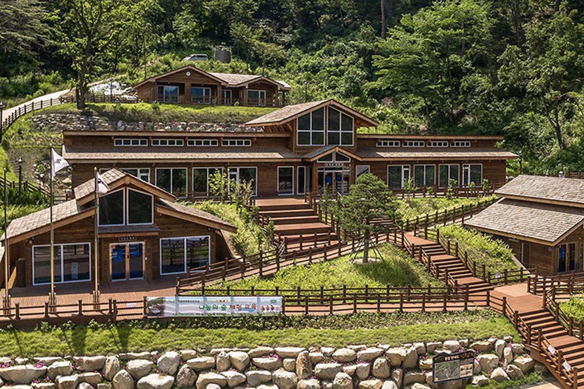Vista aérea del Centro de Curación de Daegwallyeong que es un lugar ideal para actividades de bienestar y meditación.