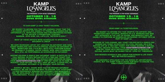 KAMP LA 2022コンサートの出演キャンセル告知。