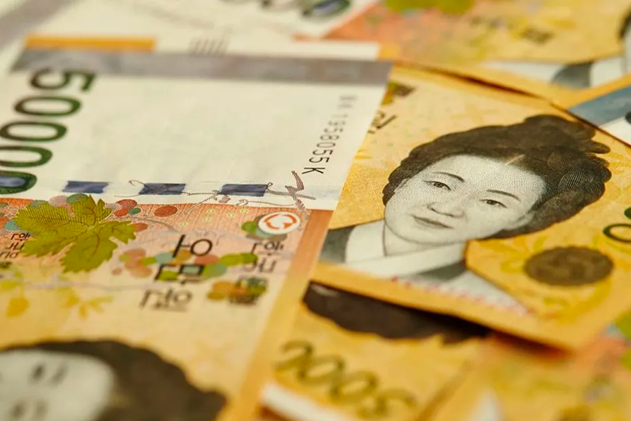 韩国货币纸币特写，展示了纸币细节，这是韩元，反映了韩国的货币交易方式。