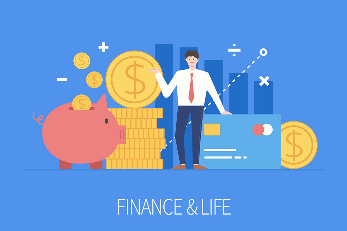 插圖展示財務計劃，包括金豬、貨幣和信用卡，表達理財和生活的平衡