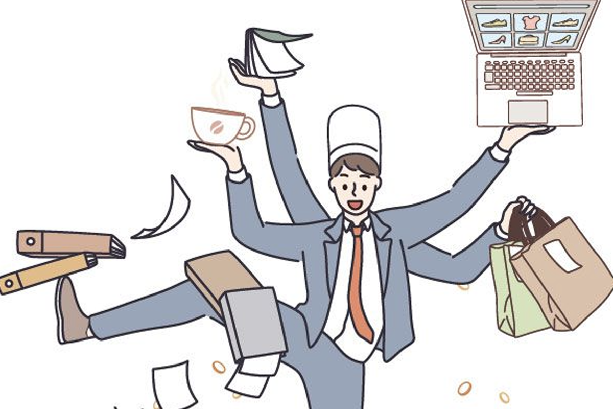 插圖中人物進行多種活動，包括工作和購物，展示韓國Two Job族的多元生活