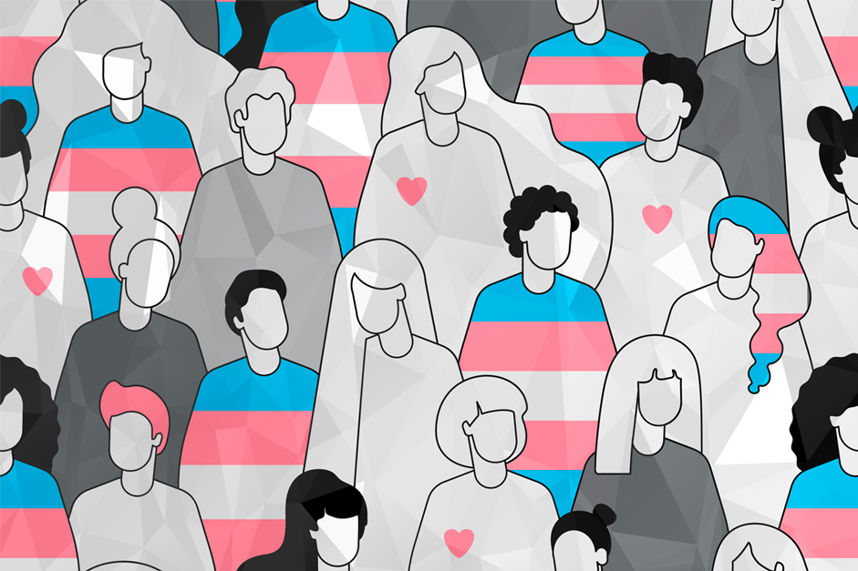 卡通插图展示了多元化人群，他们的服装绘有代表跨性别群体的蓝色、粉色和白色条纹，象征LGBTQ+社区的多样性和包容性。